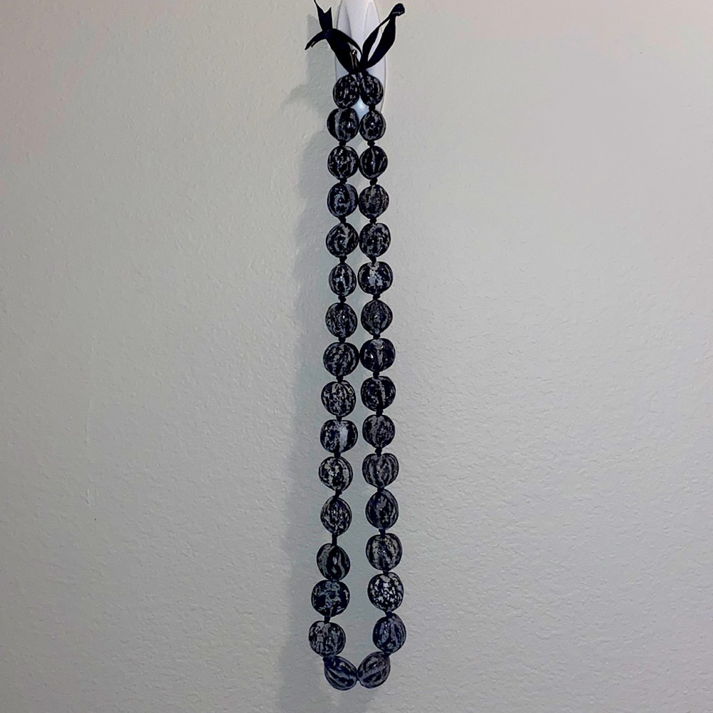 Long black and white large wooden bead necklace
